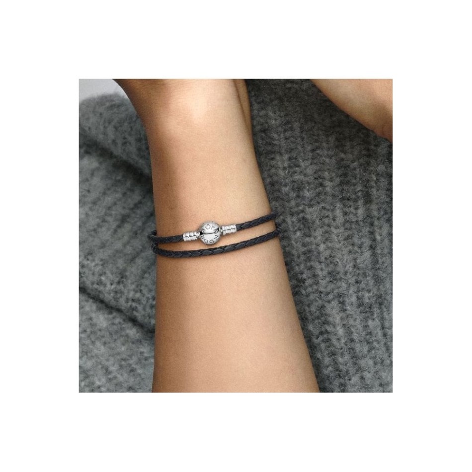 Moments Double Black Leather Bracelet Pandora NZ